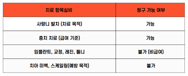 치과치료실비항목 청구가능여부 비교표