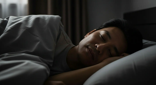 침대에서 잠을 자고 있는 남성 모습