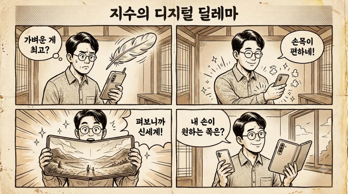 스마트폰의 무게감과 화면 크기 차이를 유머러스하게 비교한 4컷 만화