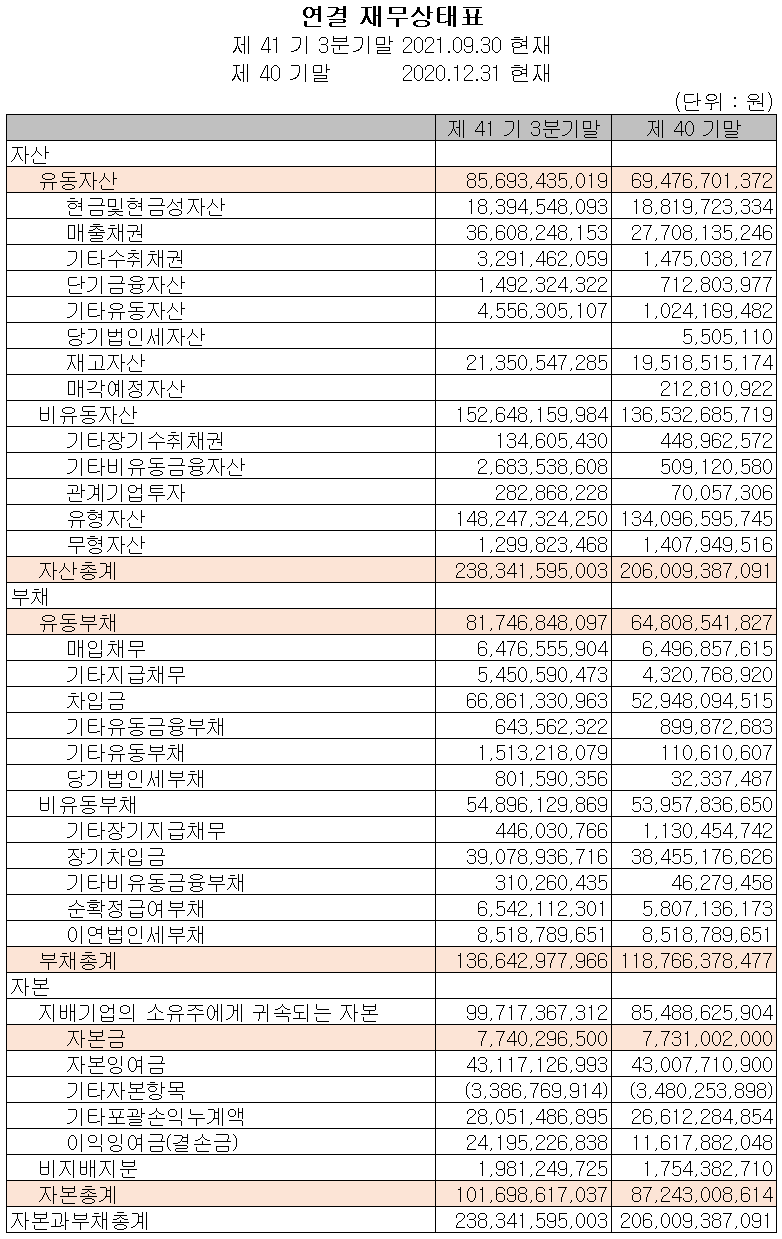 대주전자재료 2021년 3분기 재무상태표