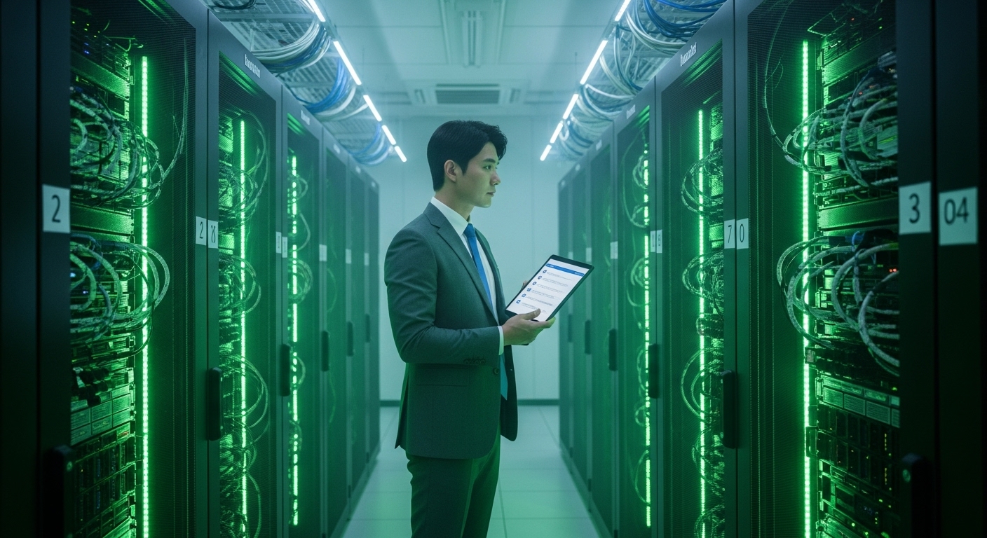 전문 보안 분석가가 서버실에서 정기 보안 감사를 수행하며 체크리스트를 점검하는 모습