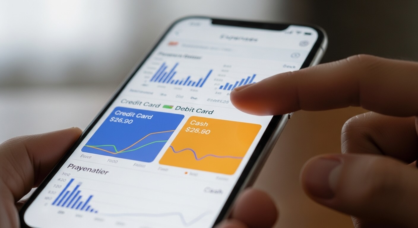 스마트폰 화면에서 지출 내역을 확인하며 신용카드, 체크카드, 현금영수증 사용을 계획하는 모습.