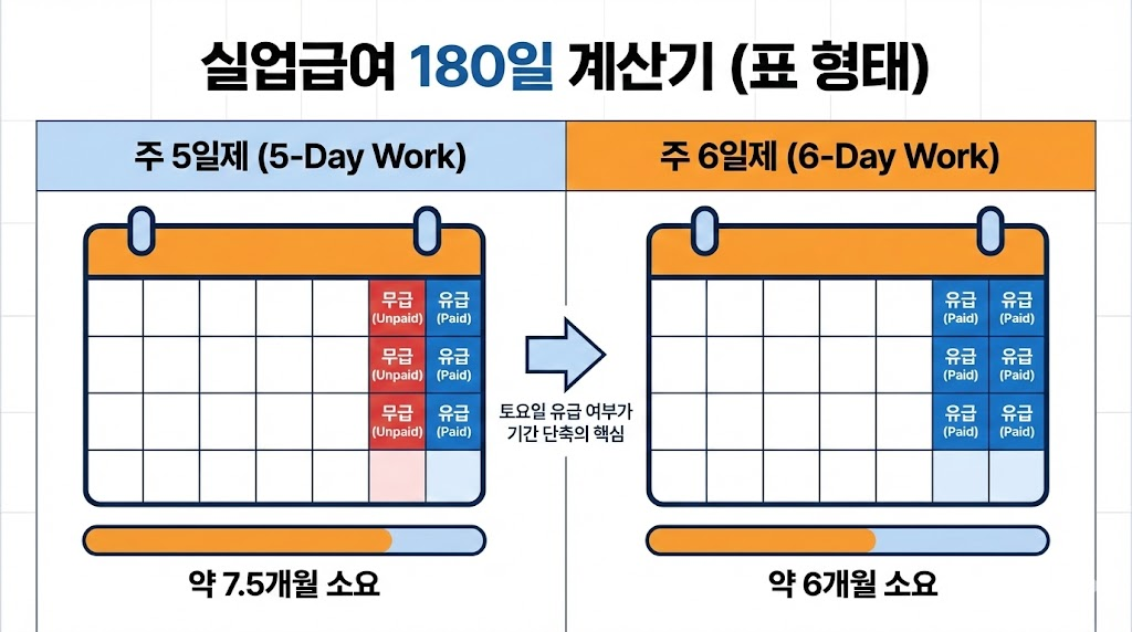 주 5일제와 6일제 근무자의 실업급여 180일 충족 기간 비교표
