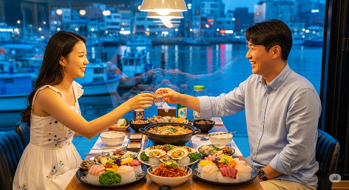 전남 목포의 해산물 식당에서 식사하는 커플