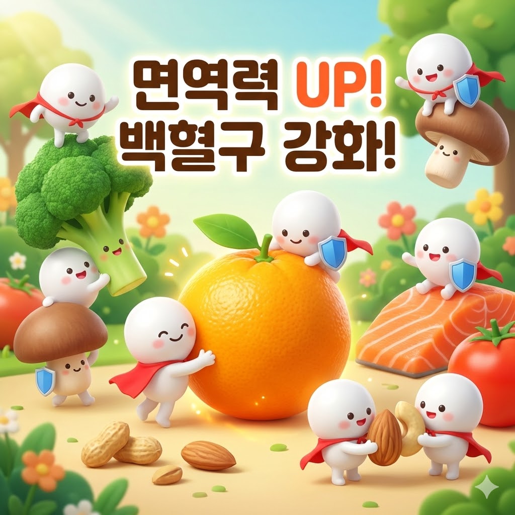 면역력을 높여주는 건강한 음식과 활기찬 백혈구 캐릭터들이 어우러진 귀여운 3D 카툰 일러스트.