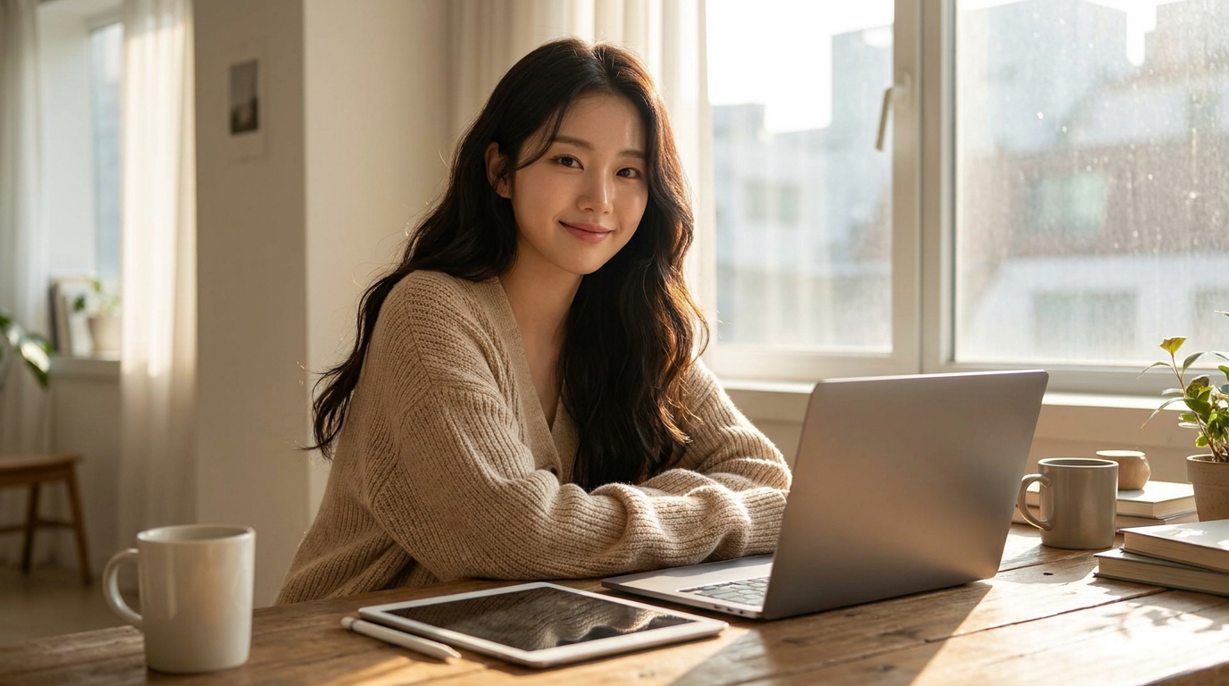 햇살이 가득 들어오는 아늑한 자취방 책상에 앉아 노트북으로 정보를 확인하는 아름다운 한국인 여성