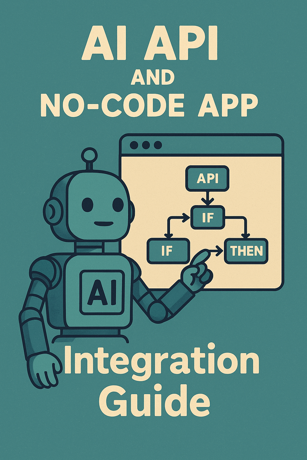 GPT API를 활용해 노코드 앱에 AI 기능을 삽입하는 과정을 창의적으로 묘사한 일러스트, 캐릭터가 대화를 나누고 연결 흐름이 시각적으로 표현된 이미지