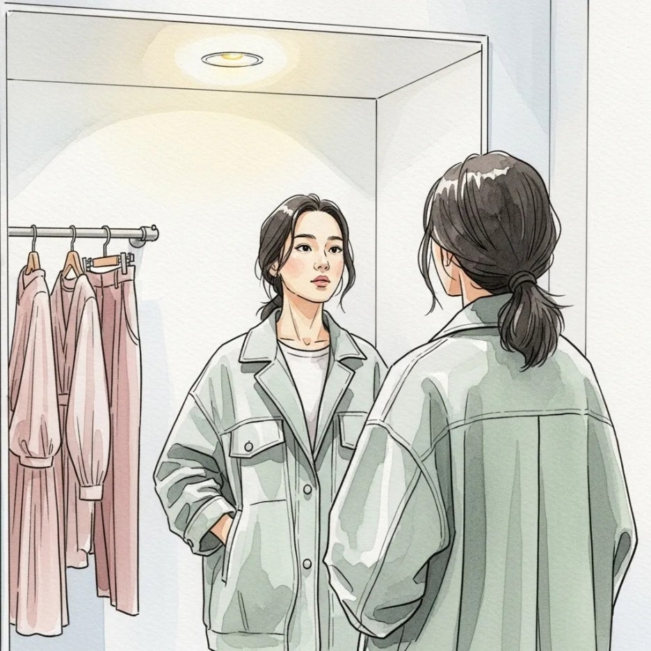 피팅룸에서 옷을 입어보며 고민하는 여성의 모습