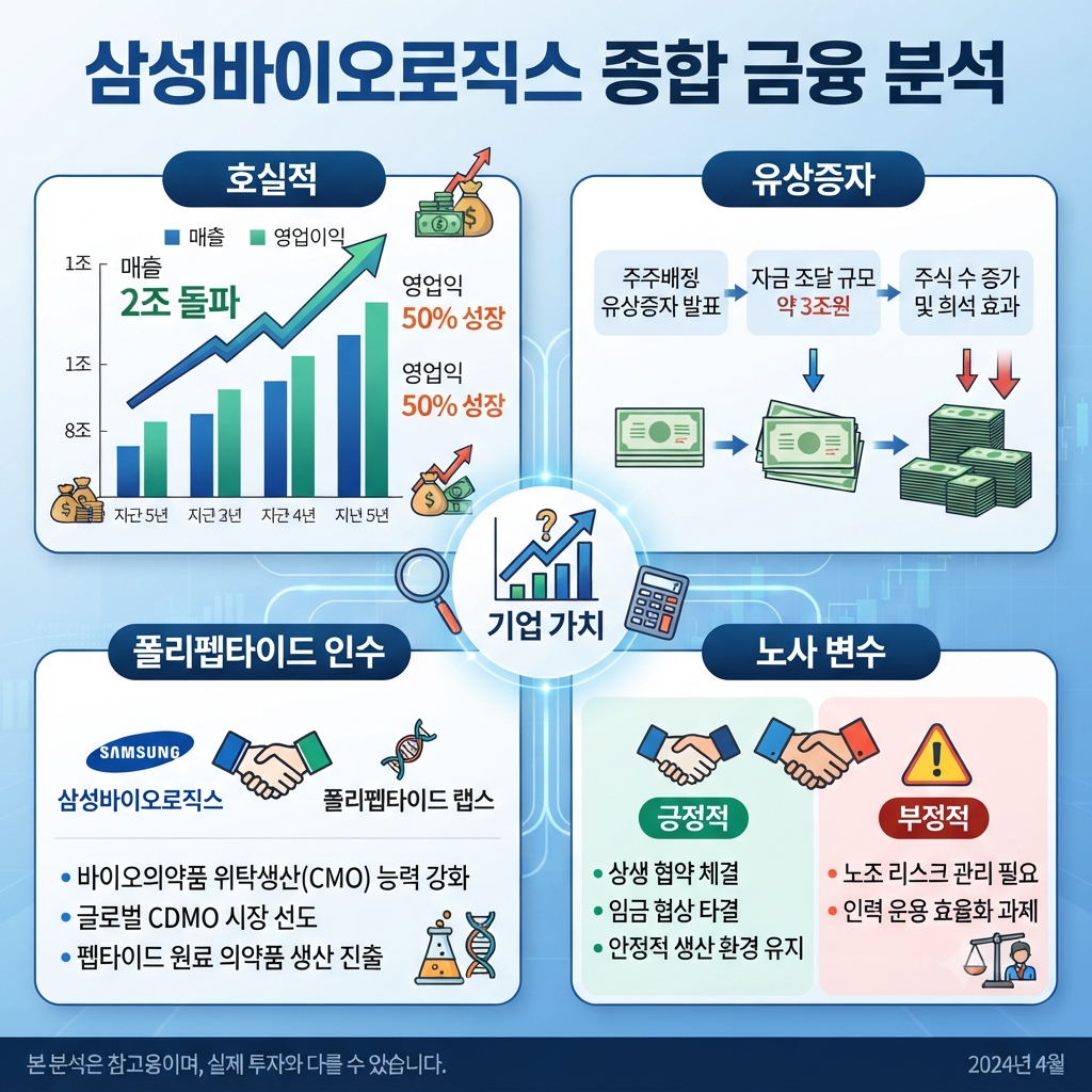 삼성바이오로직스 호실적과 유상증자&middot;폴리펩타이드 인수&middot;노사 변수를 보여주는 금융 분석 이미지