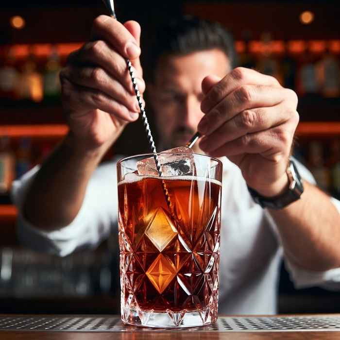 크리스탈 믹싱 글라스에서 부드럽게 저어 섞는 붉은 호박색의 마르티네즈 제조 과정