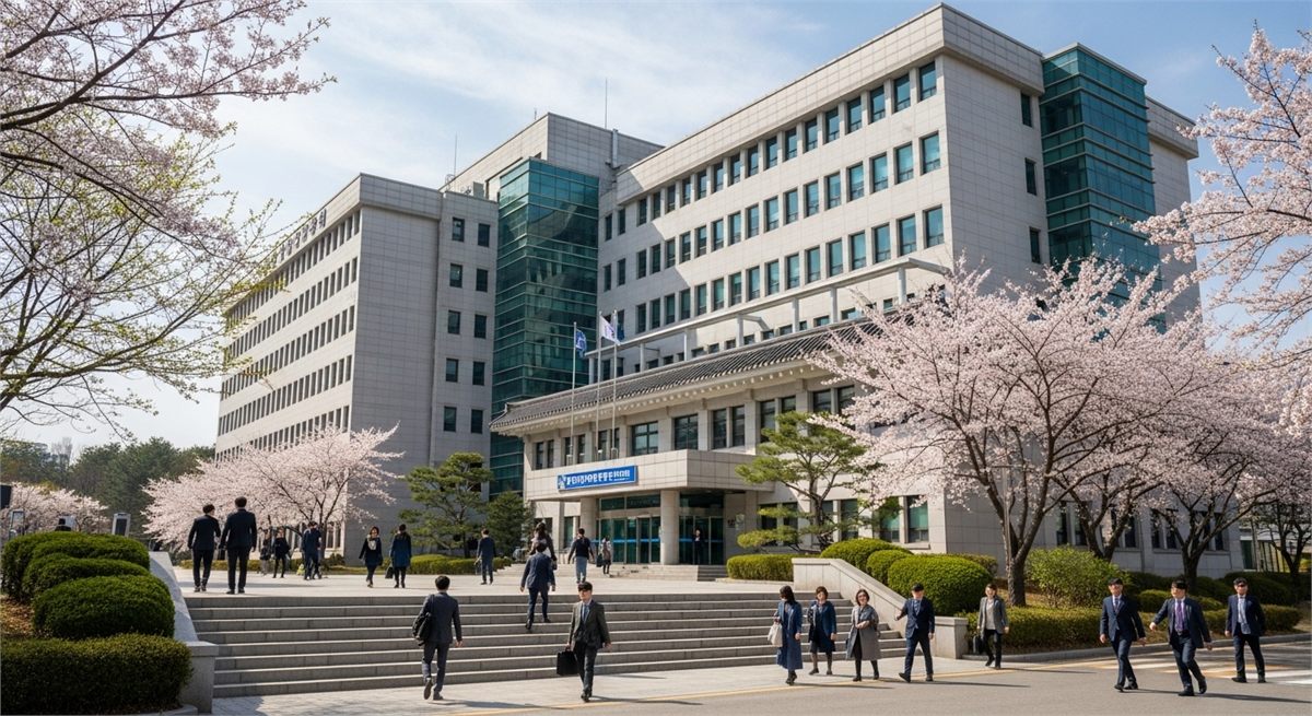 봄날 공공청사 앞을 오가는 사람들과 안정적인 행정기관 분위기
