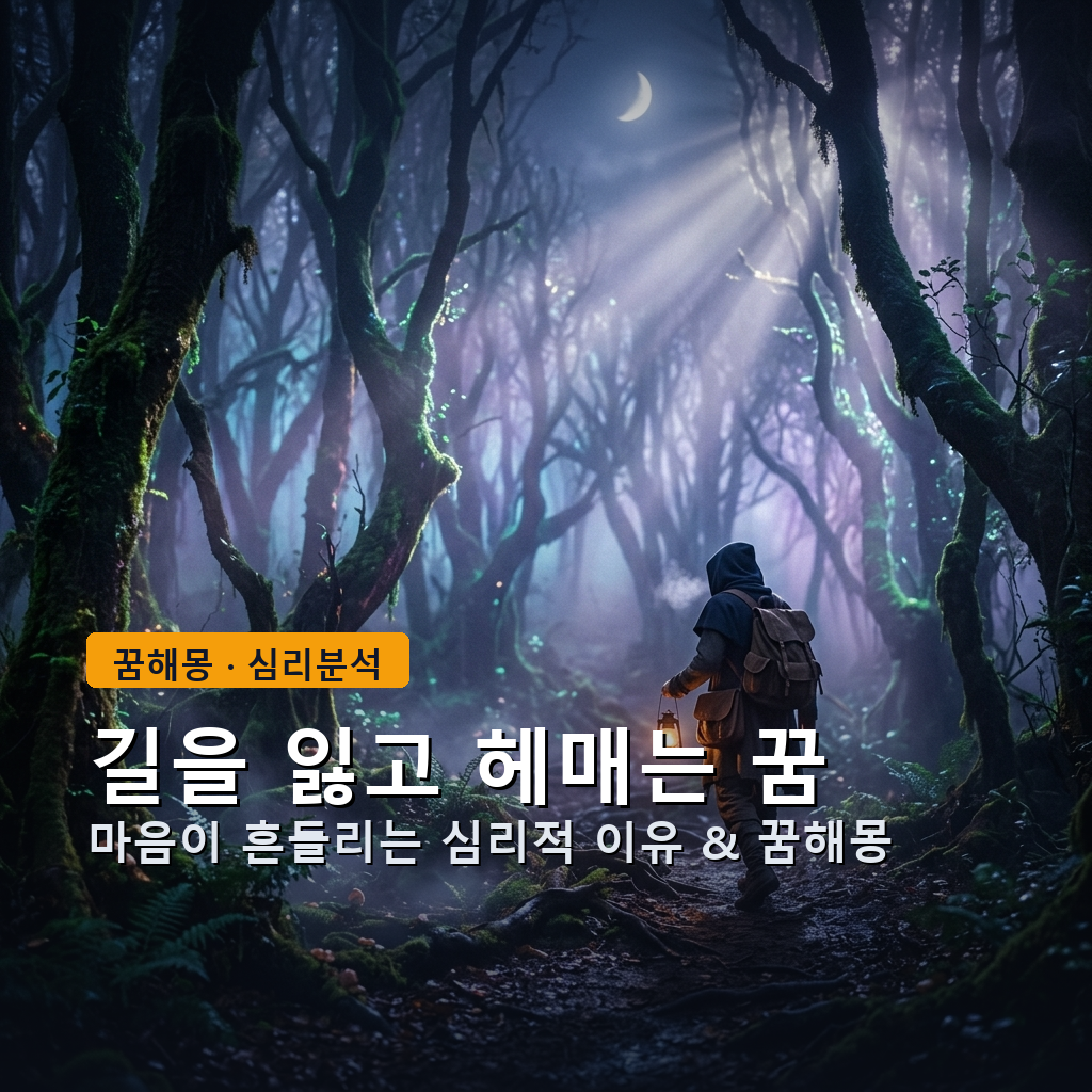 어두운 갈림길 앞에서 나침반을 들고 고민하는 사람과 길을 잃고 헤매는 꿈의 의미