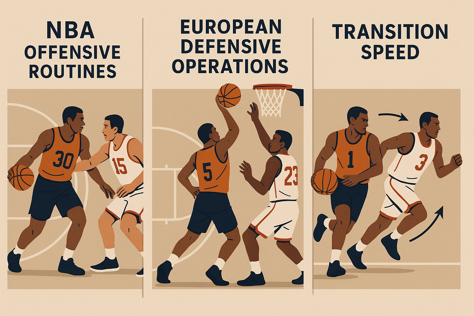 NBA와 유럽 농구 전술 비교 이미지: 공격 루틴, 수비 운영, 전환 속도를 시각적으로 표현한 플랫 스타일 일러스트