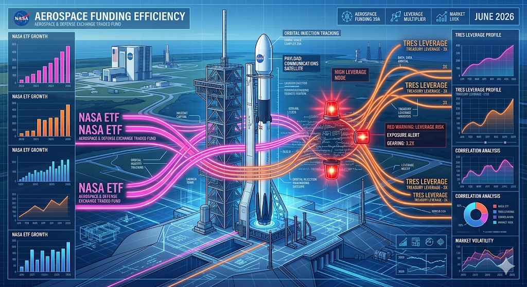 케네디 우주센터 발사대 위로 미국 상장 테마 ETF(NASA, UFO)와 초고위험 레버리지(TRES) 지수선 궤적이 붉은색 경고등과 함께 바벨 모형으로 교차 전개되는 테크니컬 인포그래픽
