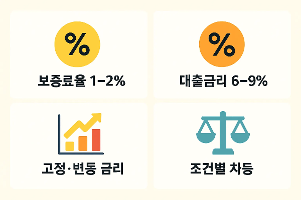햇살론 보증보험 보증료율 1~2%, 대출금리 6~9%, 고정·변동금리 및 조건별 차등 정리 인포그래픽