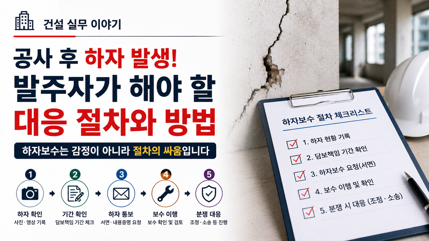 건물 하자 발생 시 발주자가 따라야 할 하자보수 대응 절차를 설명하는 이미지
