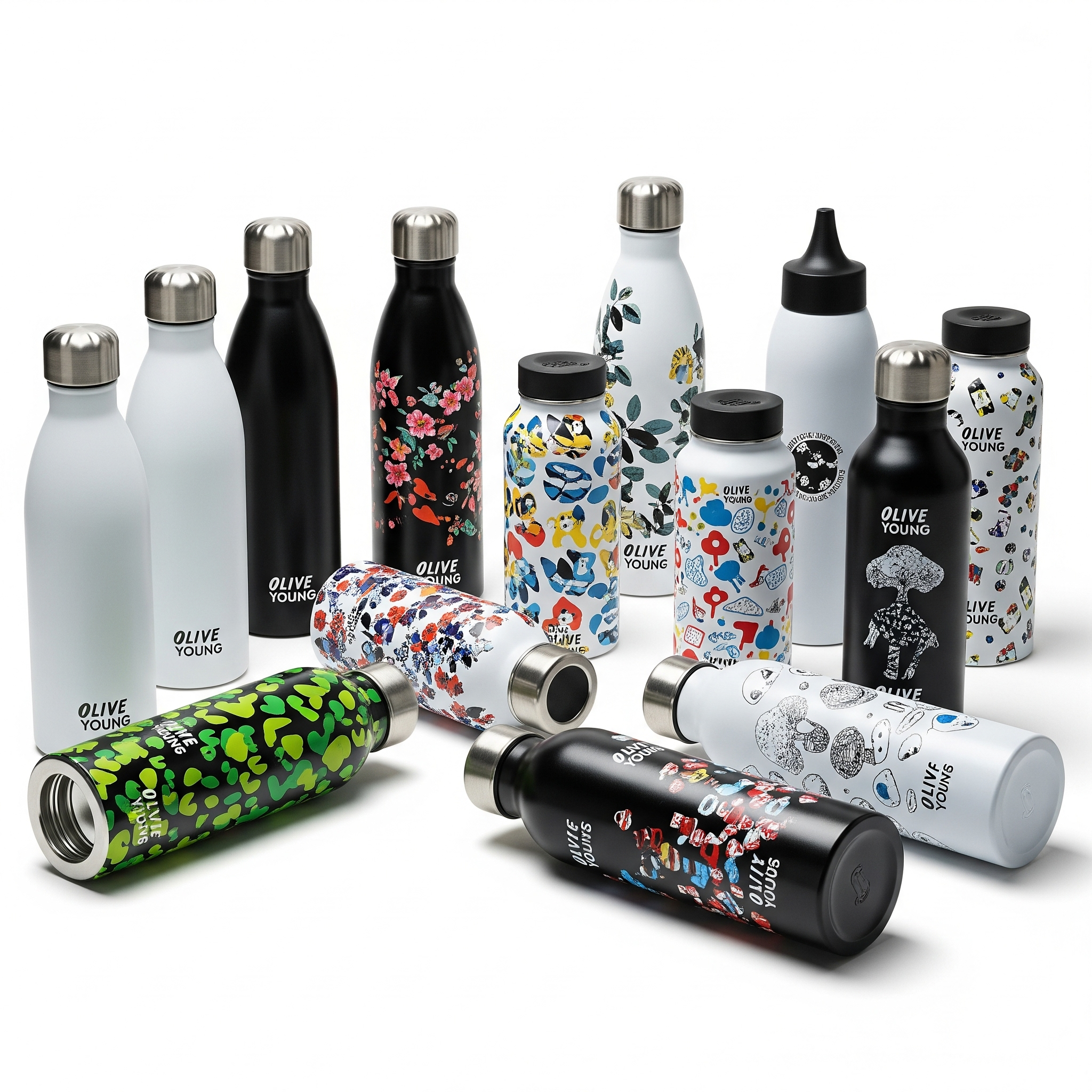 다양한 디자인과 크기의 올리브영 보틀들이 진열되어 있는 모습