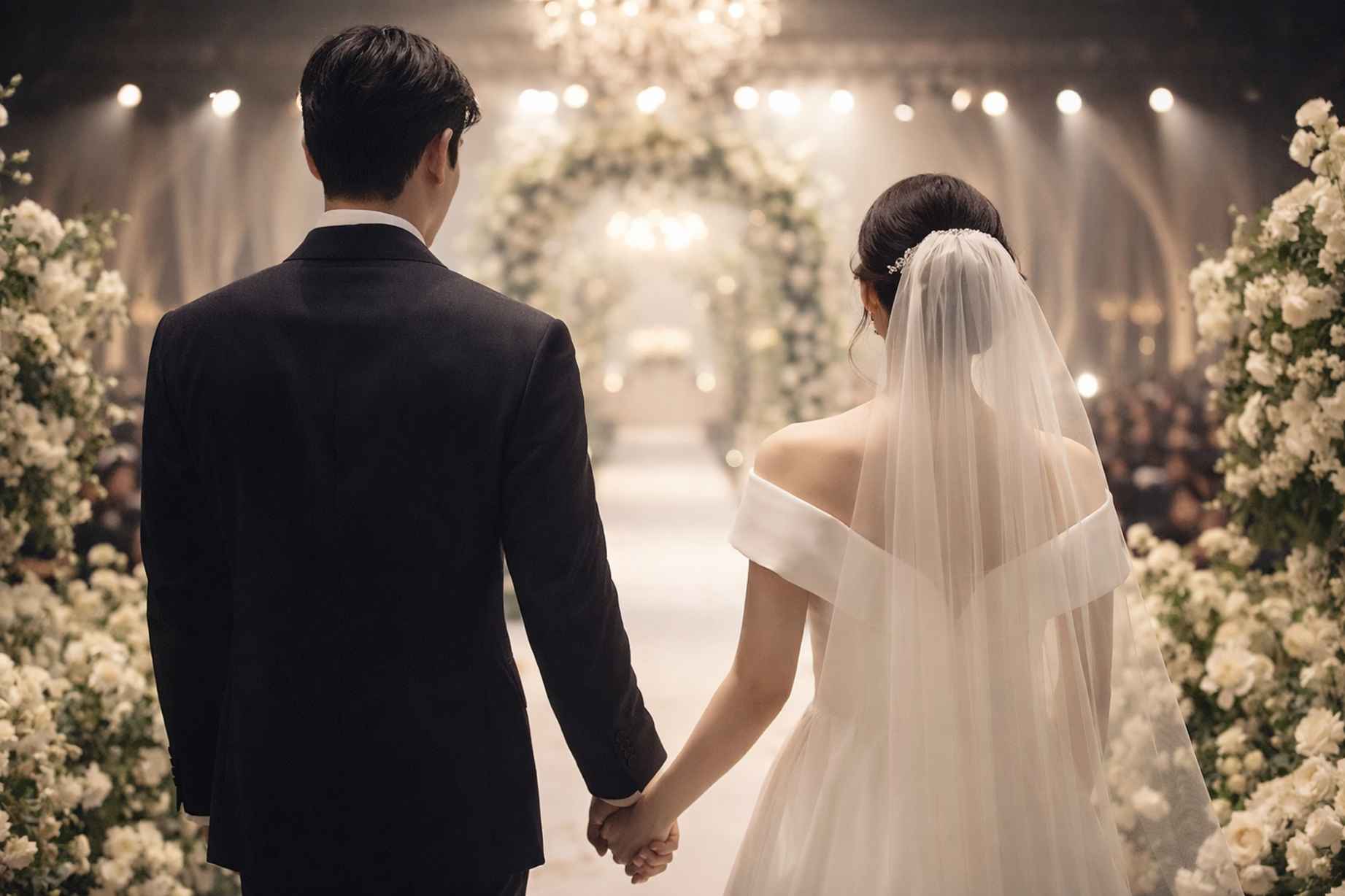 웨딩홀에서 손을 잡고 걸어가는 신랑신부의 뒷모습, 꽃 장식과 조명이 어우러진 로맨틱한 결혼식 장면