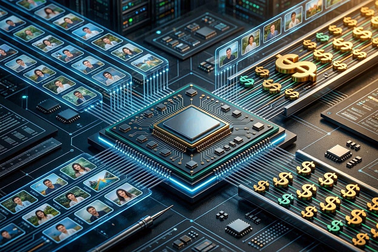 A glowing AI semiconductor chip functioning as the core engine for digital wealth and dollar accumulation.