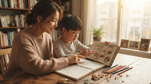 도감을 보며 갯벌 생물을 비교하고 관찰일지를 작성하는 아이