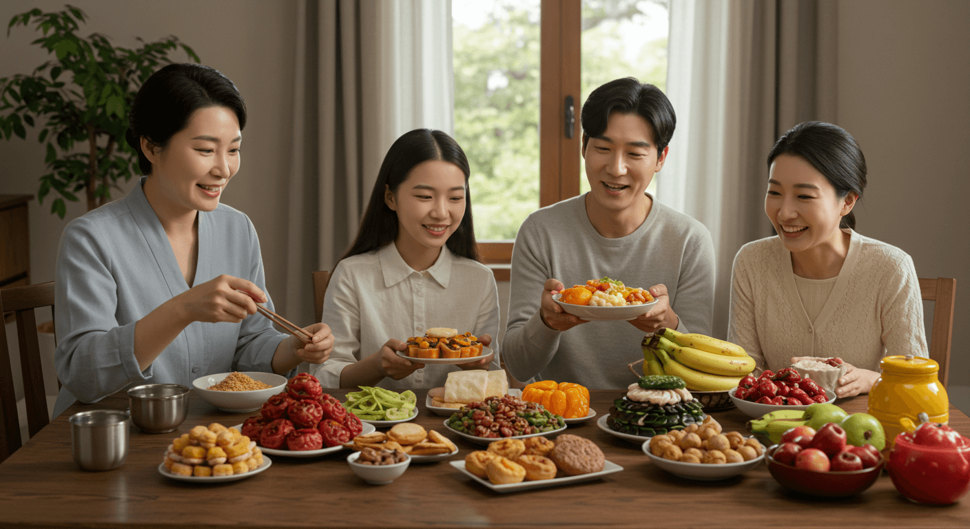 가족이 명절 음식을 준비하며 할인 혜택으로 알뜰하게 장만한 장면 3