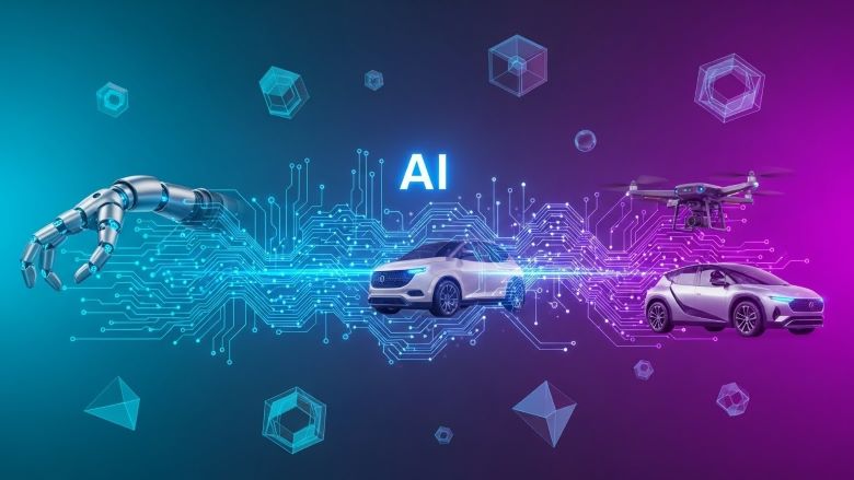 인공지능 AI 기술과 자율주행 자동차의 융합을 보여주는 이미지 - 로봇 팔, 전기차, 드론이 디지털 회로와 네트워크로 연결되어 있고 청보라 그라데이션 배경에 기하학적 도형들이 떠있는 미래 기술 콘셉트