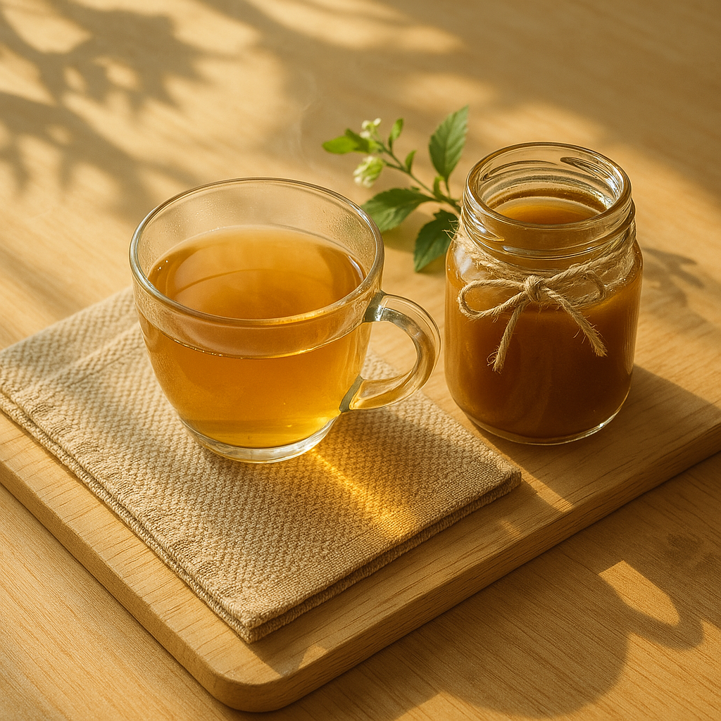따뜻한 햇살 아래 놓인 도라지차 한 잔과 부드러운 도라지청 병, 건강한 하루를 위한 힐링 컷