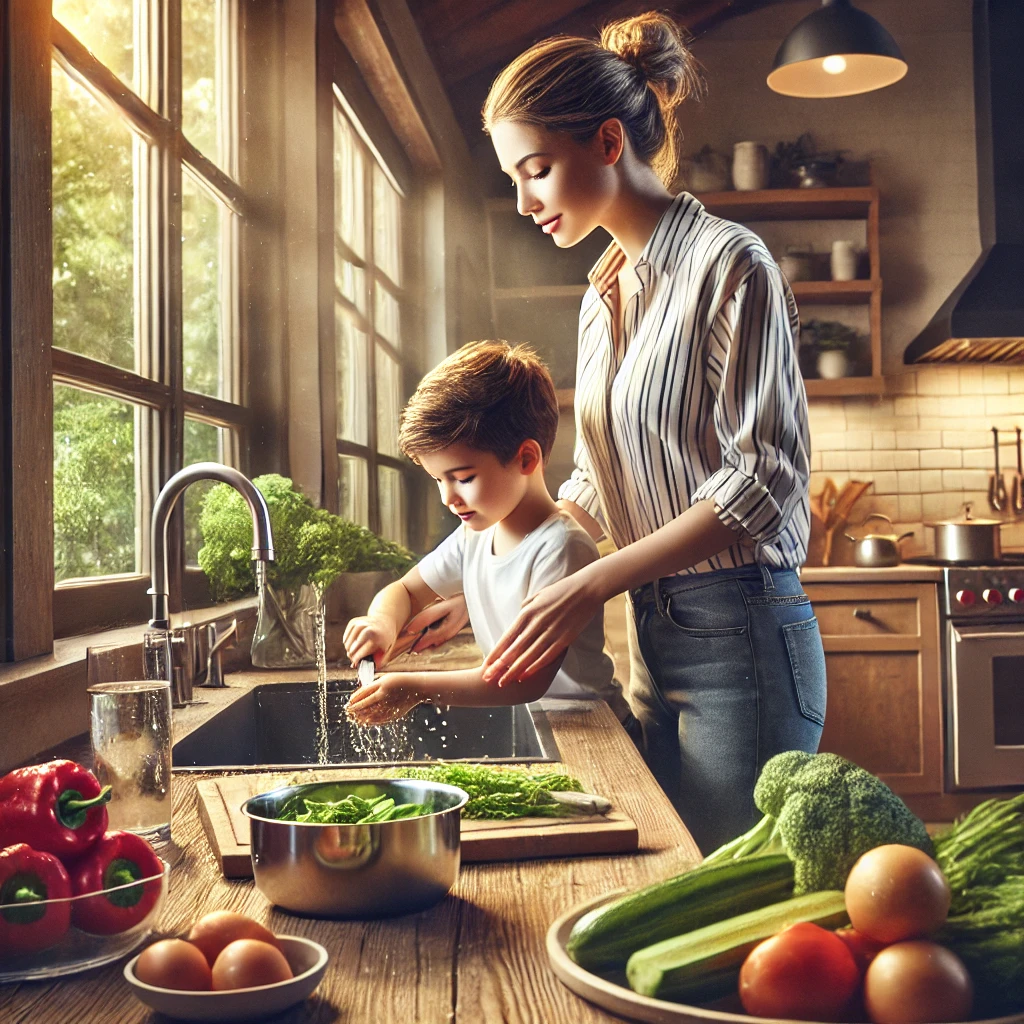 주방에서 가족 식사를 준비하는 부모와 아이