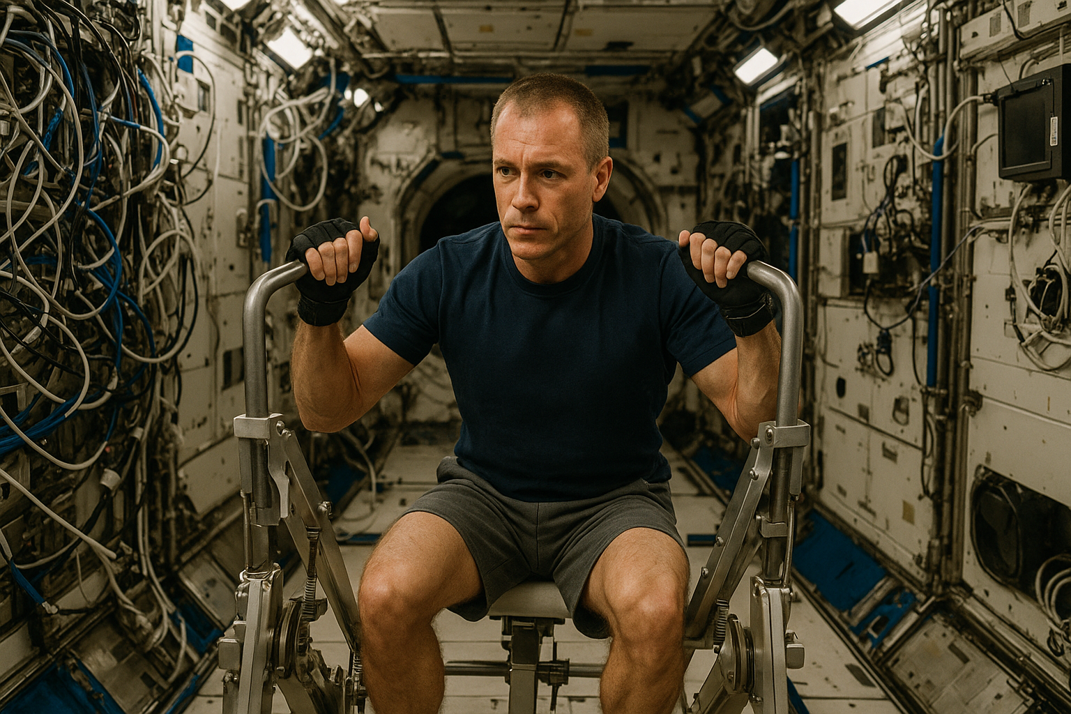 국제우주정거장에서 운동 장비를 사용하는 우주인