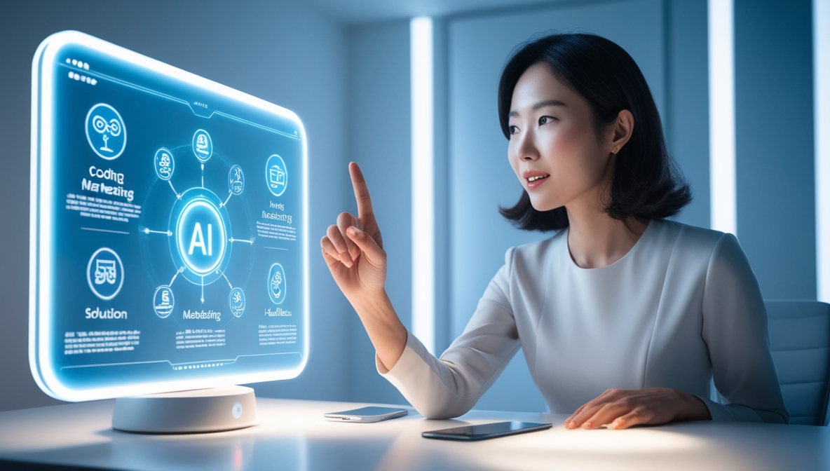 코딩, 마케팅 분야에서 커뮤니케이션을 최적화하고 솔루션을 생성하기 위해 인간과 AI가 협력하는 미래형 장면입니다.