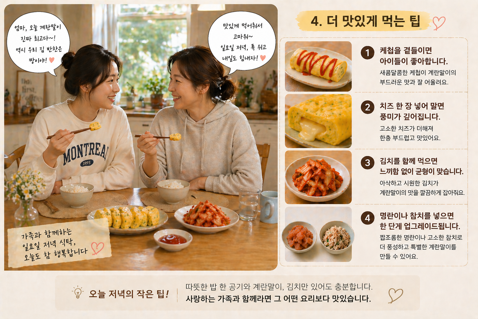 일요일 저녁 엄마와 딸이 편안한 집 옷차림으로 마주 앉아 계란말이와 김치를 먹는 따뜻한 식탁 모습