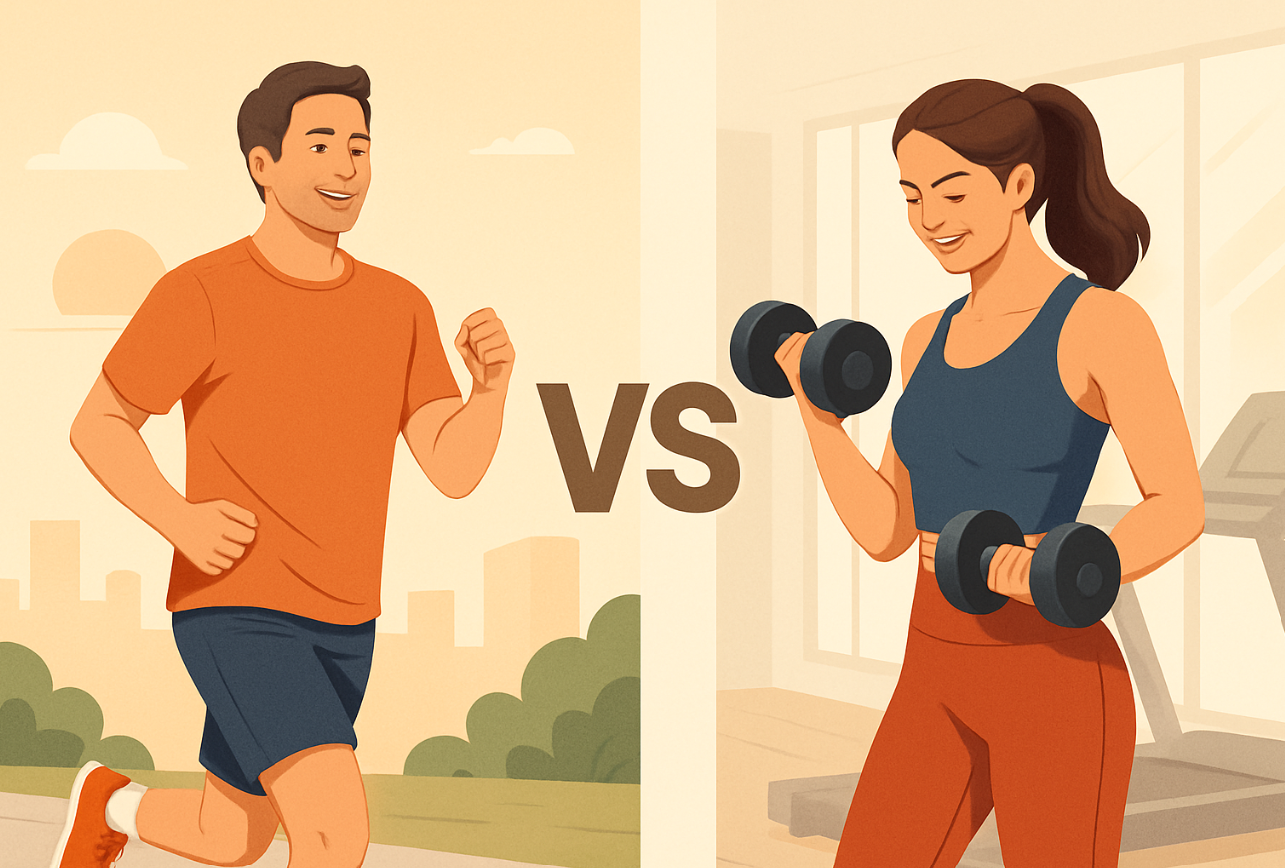유산소 운동을 하는 남성과 근력운동을 하고 있는 여성의 비교 이미지
