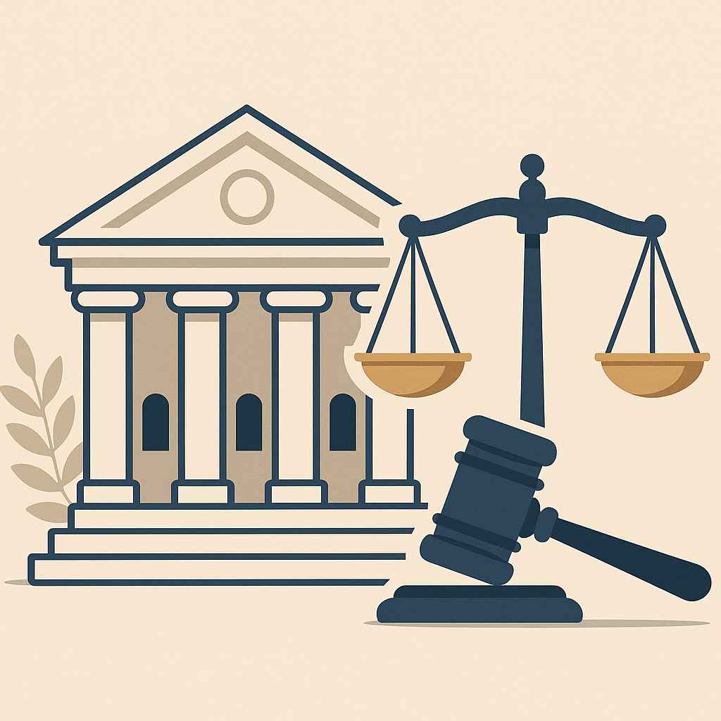 법원의 파기환송 결정을 상징하는 저울과 망치 일러스트