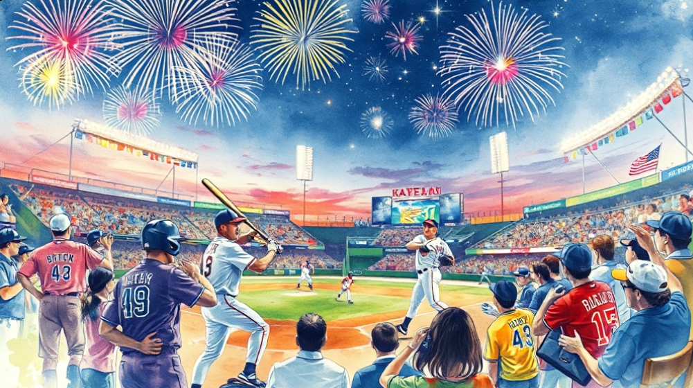 야구 선수들과 그를 보며 즐거워하는 관객들