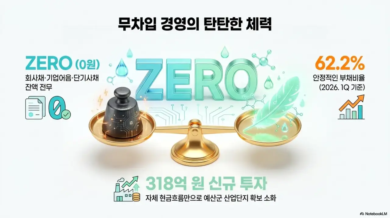 이엔에프테크놀로지 주가 전망: 이엔에프테크놀로지의 탄탄한 재무 체력을 저울 그래픽으로 표현한 이미지. 회사채와 기업어음, 단기사채 잔액이 전무한 무차입 구조와 부채비율 62.2퍼센트, 자체 현금흐름으로 318억 원 신규 투자를 소화한 점을 시각적으로 전달함