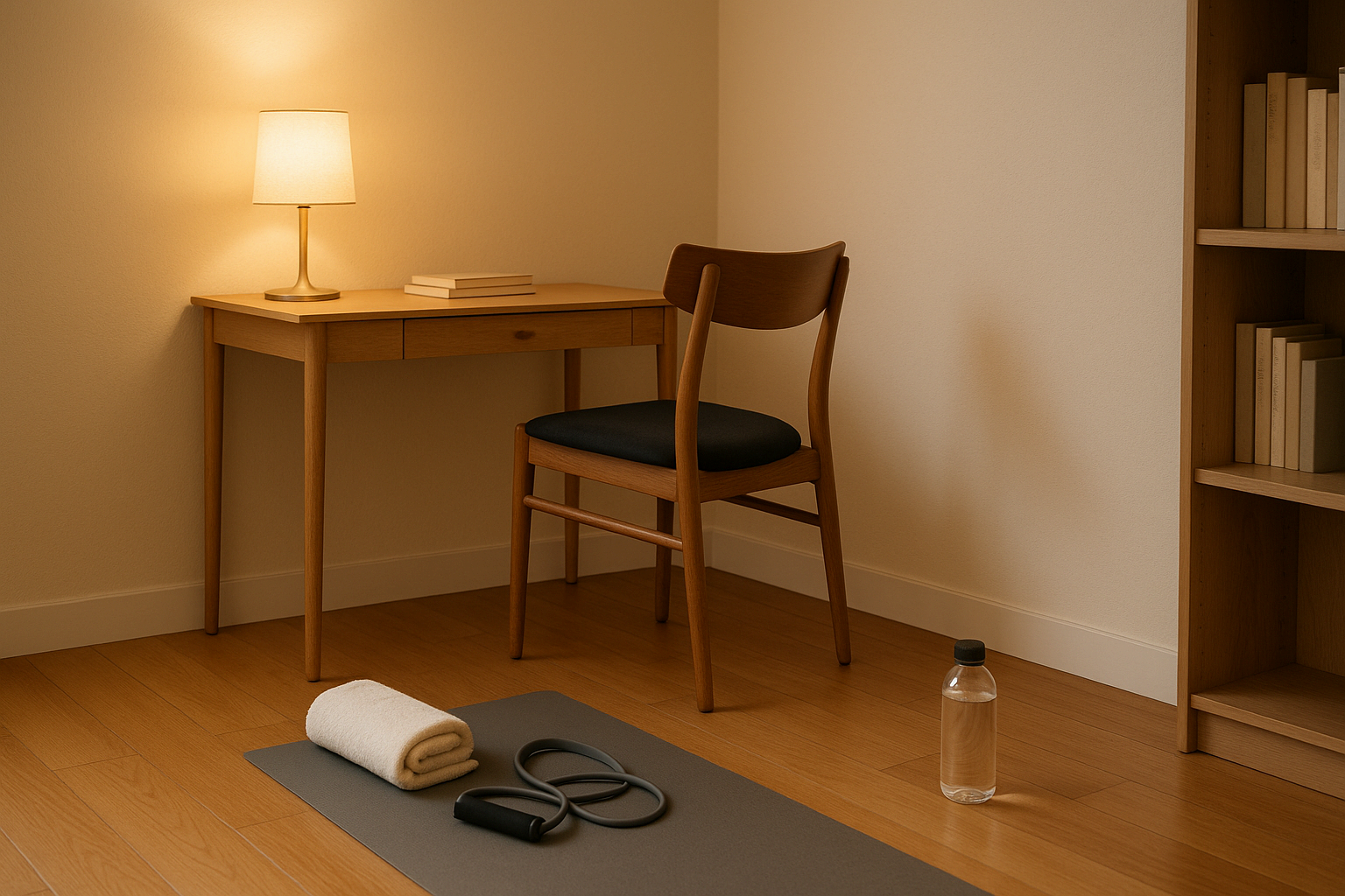 책상 옆 스트레칭 도구와 수건이 놓인 정돈된 실내 공간