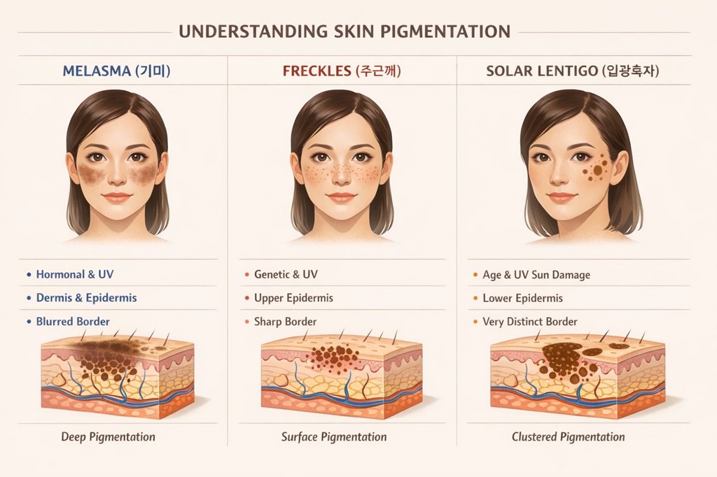 기미 주근깨 일광흑자 차이 비교 인포그래픽 피부 색소 침착 종류와 피부층 위치 설명