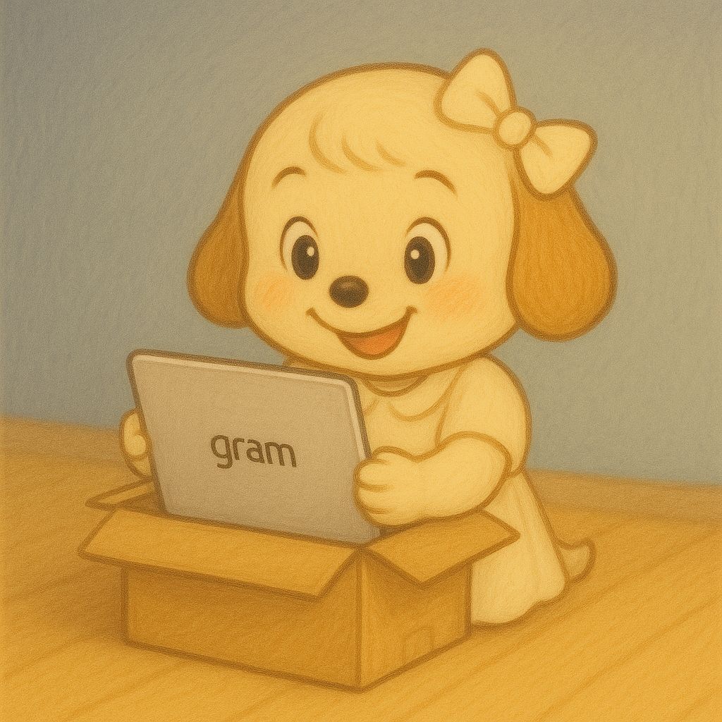 LG그램 박스를 열며 기뻐하는 헤롱이 캐릭터 일러스트