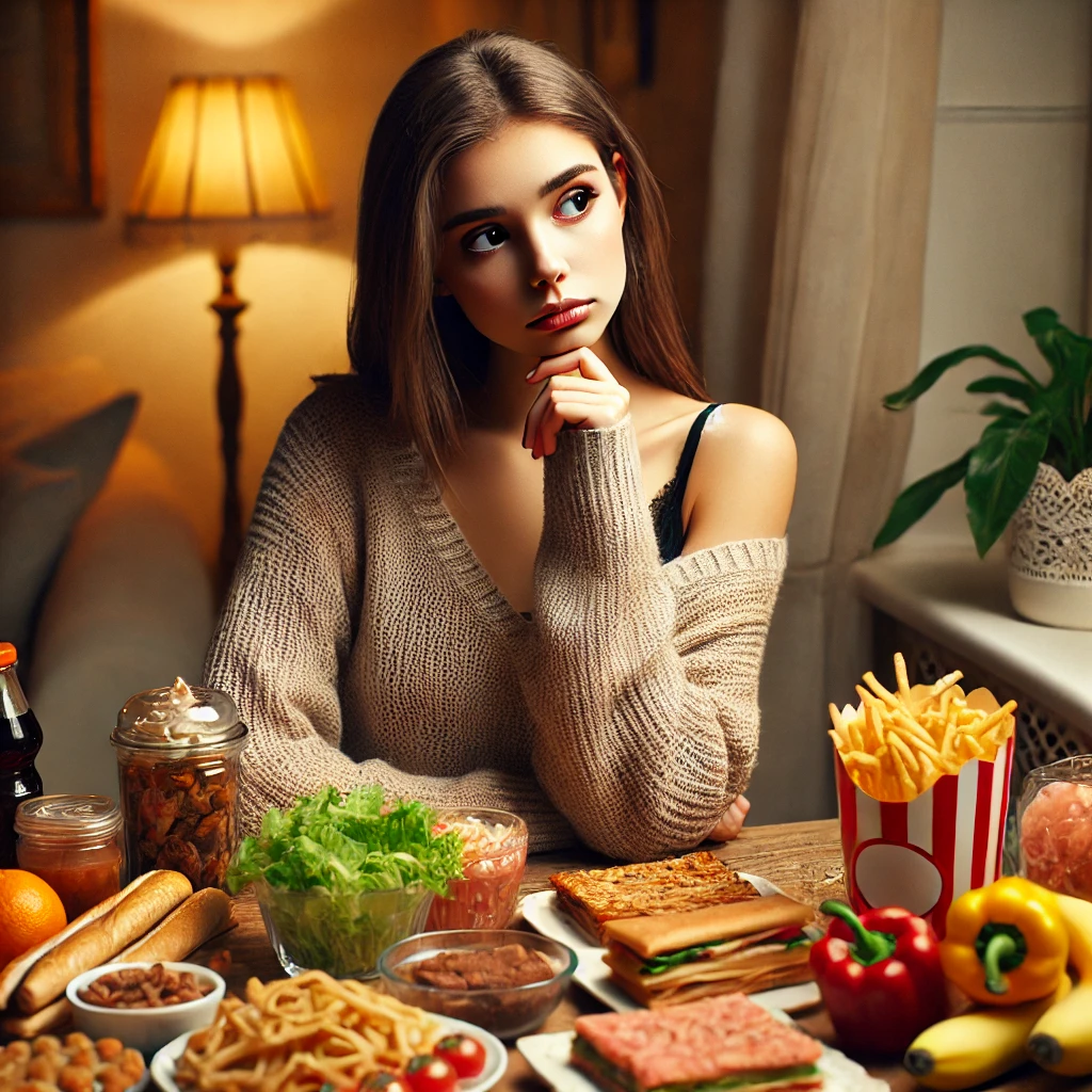 "건강식과 정크푸드가 함께 놓인 식탁 앞에서, 갈등하는 표정으로 앉아 있는 젊은 여성. 무엇을 먹을지 고민하는 모습이 담긴 따뜻한 실내 장면