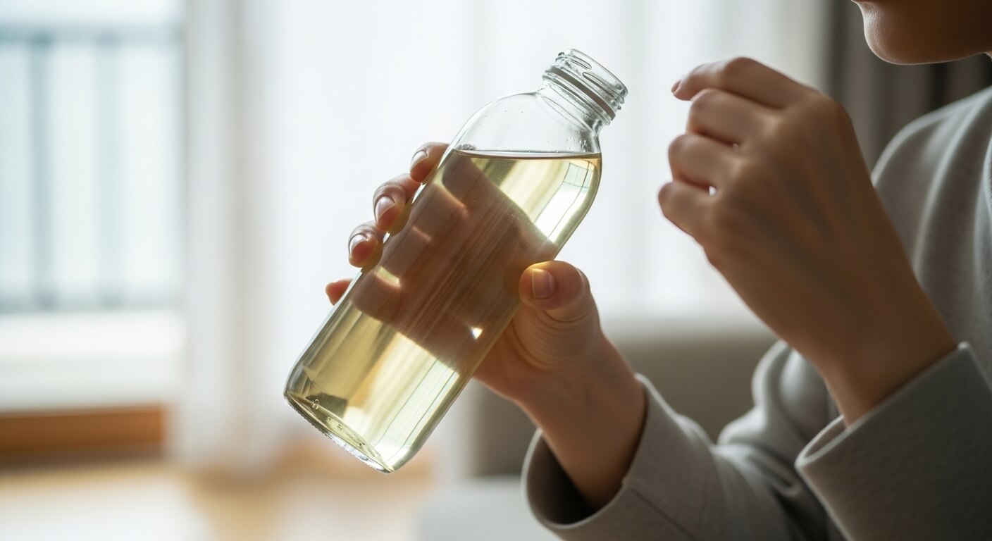 페트병에 담긴 옥수수 수염차를 마시는 일상적인 수분 섭취 장면