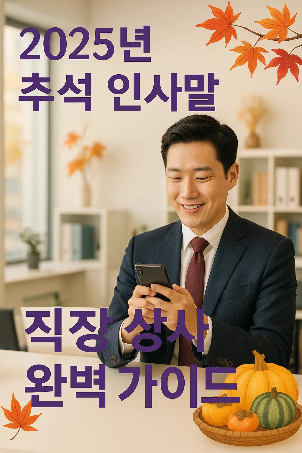 2025년 추석 인사말 직장 상사 완벽 가이드 - 스마트폰으로 추석 인사말을 보내는 정장 입은 한국 직장인