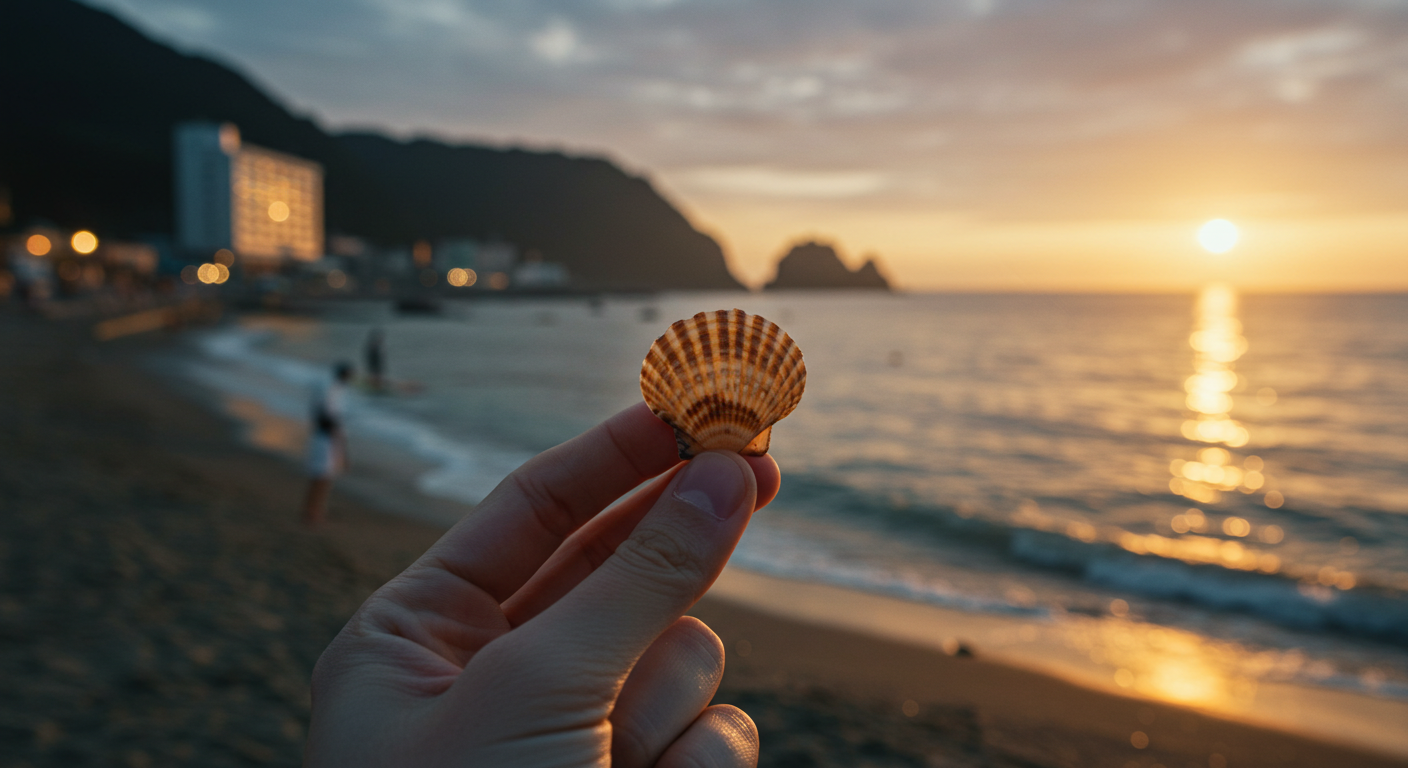 손에 들린 조개껍데기를 통해 속초, 양양, 강릉 바다 풍경이 어우러진 여행의 여운을 표현한 이미지
