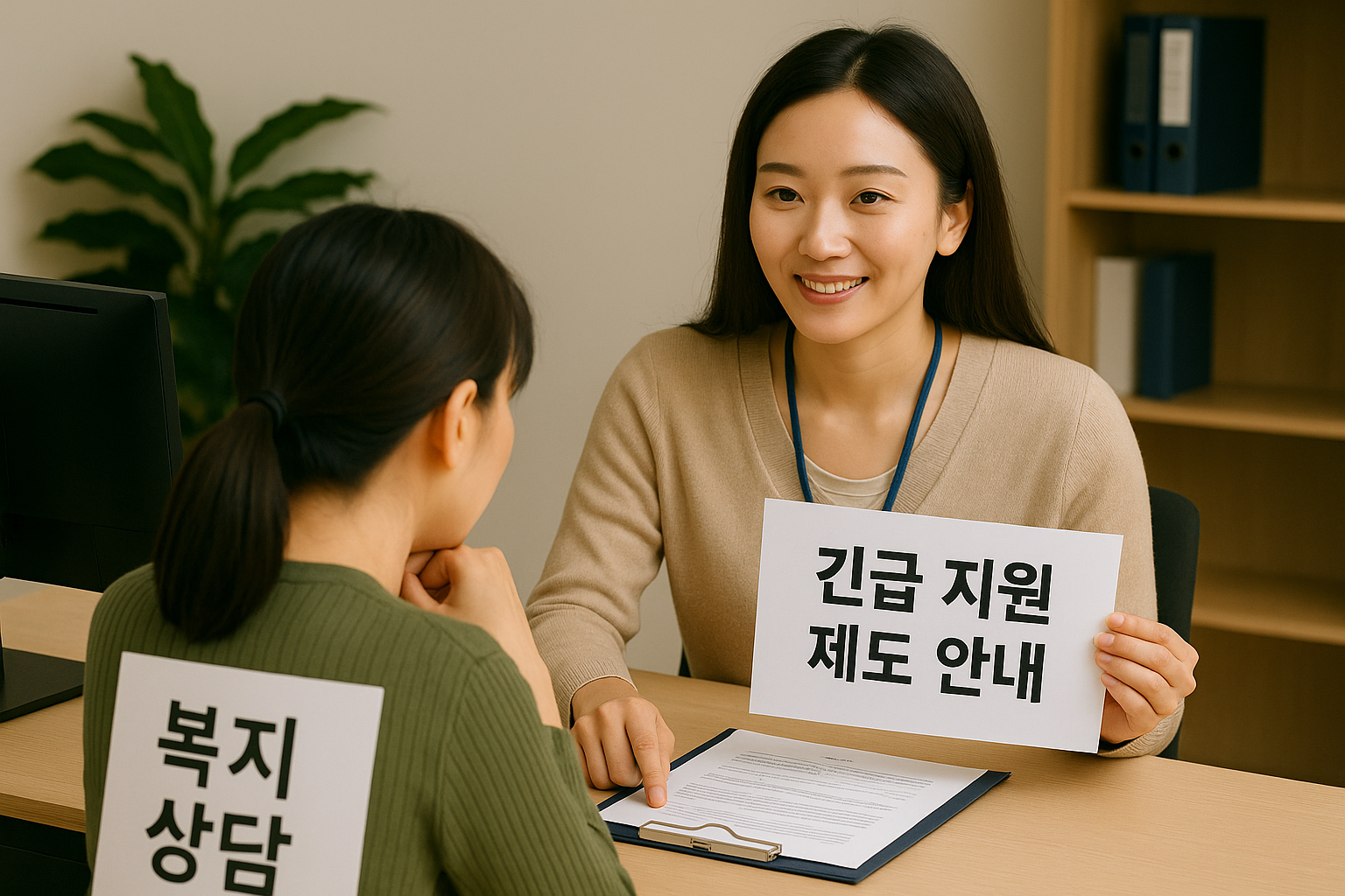 긴급 생계 지원을 안내하는 복지 상담 장면, 신청 방법 설명