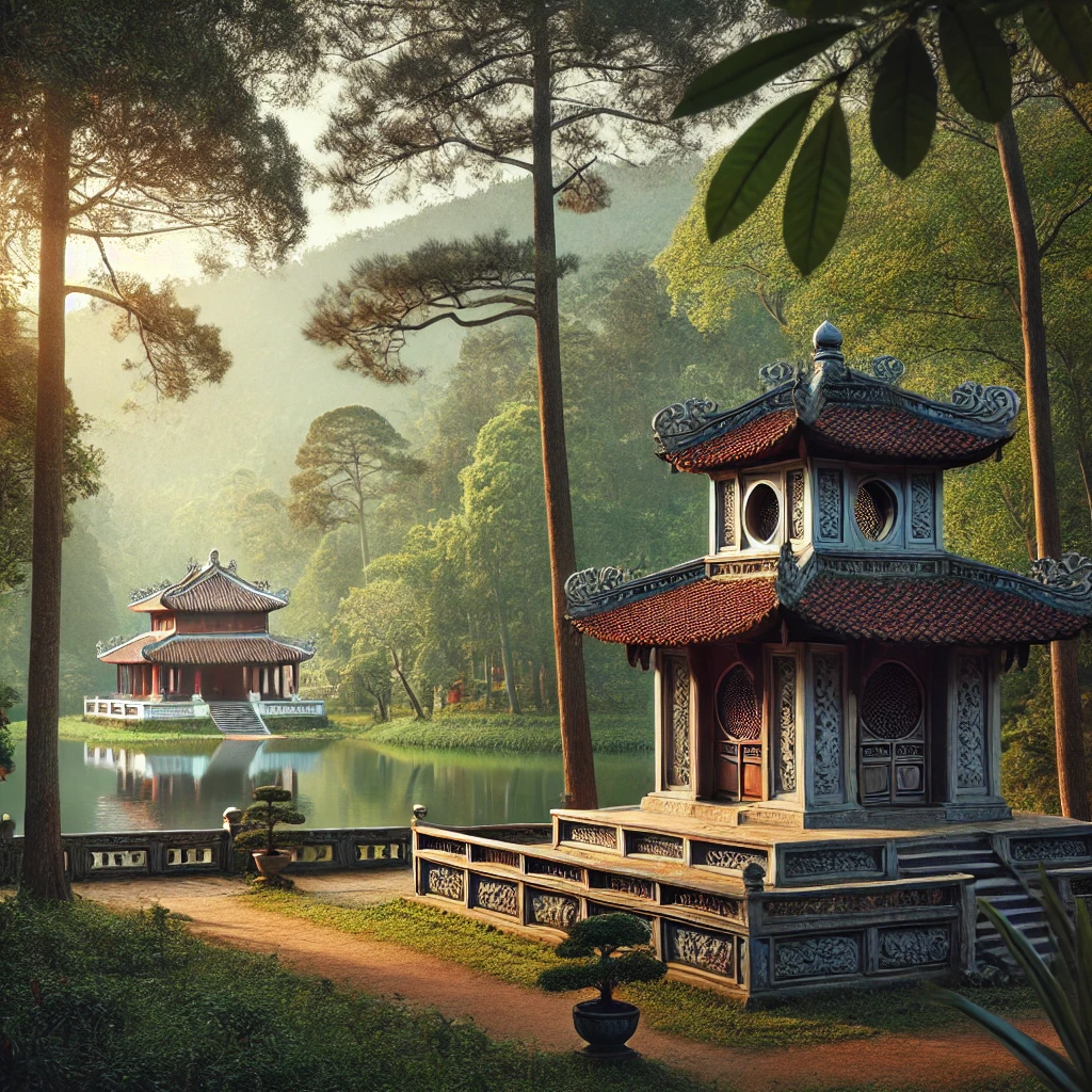 울창한 숲속에 자리한 후에의 황제 무덤과 고즈넉한 사원의 전경