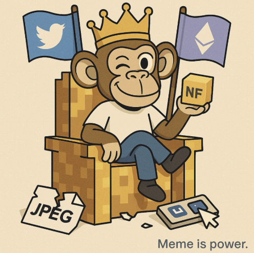 왕관을 쓴 원숭이 캐릭터가 NFT 블록을 들고 있는 일러스트. BAYC를 포함한 NFT 활용 사례와 밈 문화의 상징성을 시각적으로 표현한 대표 이미지. NFT의 커뮤니티, 정체성, 밈 기반 확산 구조를 보여주는 대표적인 장면 (nft case study bayc meme community)