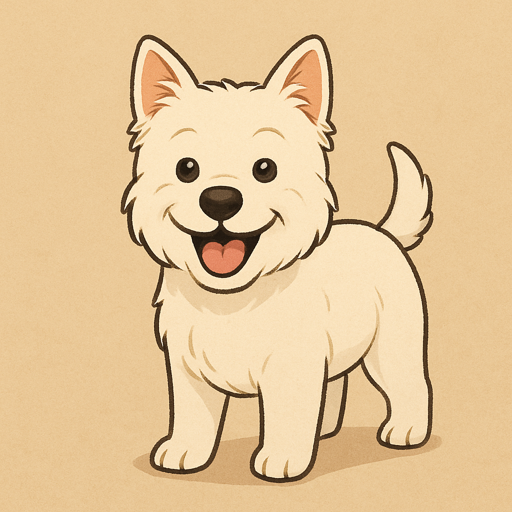 하얀 강아지가 웃는 표정으로 서있다.