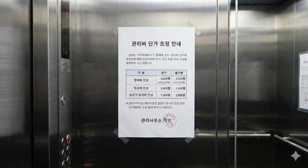 파일명: apartment-elevator-maintenance-notice-2026-korea.jpg Alt: 2026년 한국 아파트 엘리베이터 관리비 인상 공지문, 경비비 청소비 승강기유지비 인상 안내
