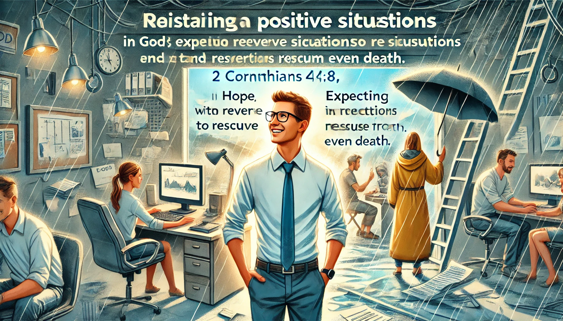 Here is the illustration showing a modern person inspired by 2 Corinthians 4:8,14, maintaining a positive outlook despite negative circumstances. The scenes include the person facing challenging situations with hope and confidence in God's guidance, expecting Him to reverse situations and rescue from even death. The person is depicted with a bright and hopeful expression, engaging in daily activities with a positive and determined attitude. The environment features everyday settings like work or social interactions, focusing on the person's positive demeanor and trust in God, reflecting hope, resilience, and faith.