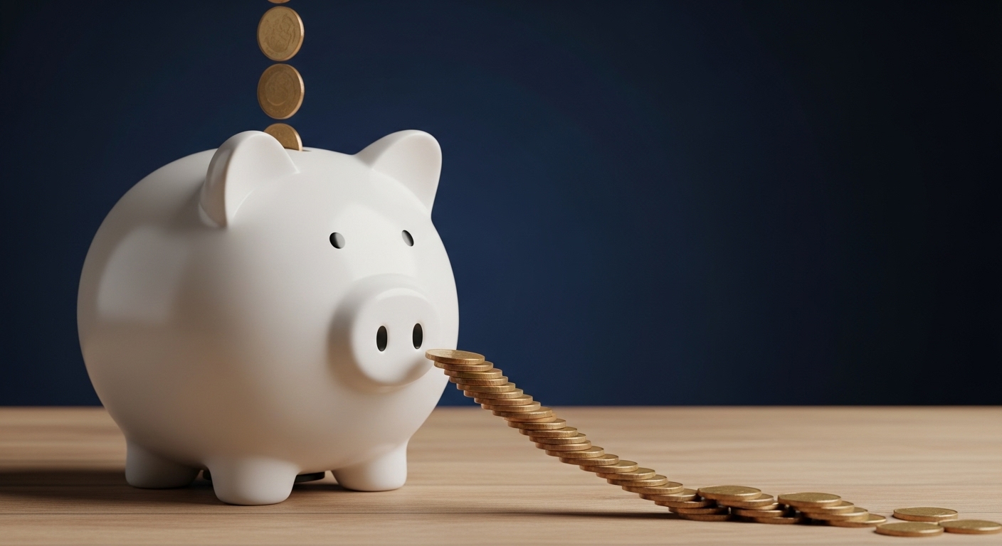 큰 저금통에 작은 코인들이 꾸준히 추가되는 모습: 꾸준한 추가 납입 전략을 강조