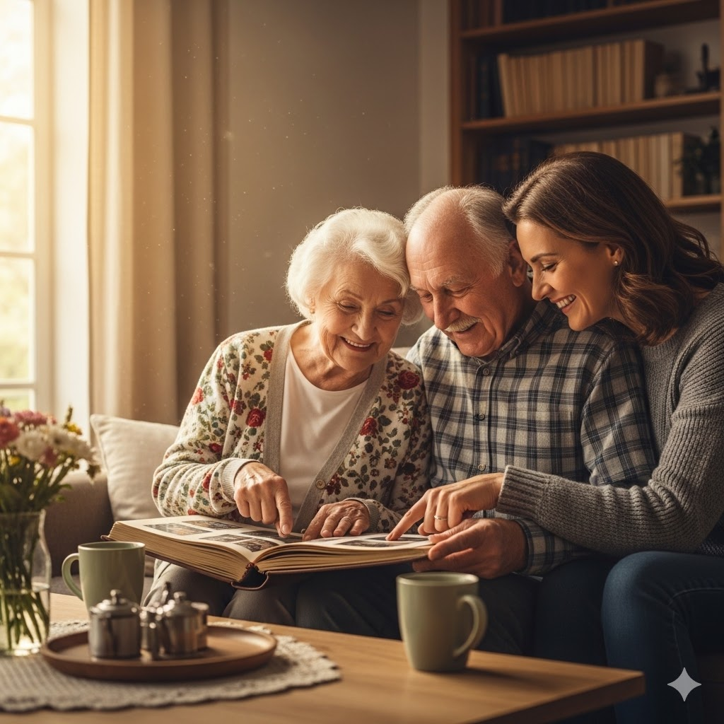 따뜻한 햇살 아래 가족이 함께 사진첩을 보며 치매 회상요법을 하는 모습